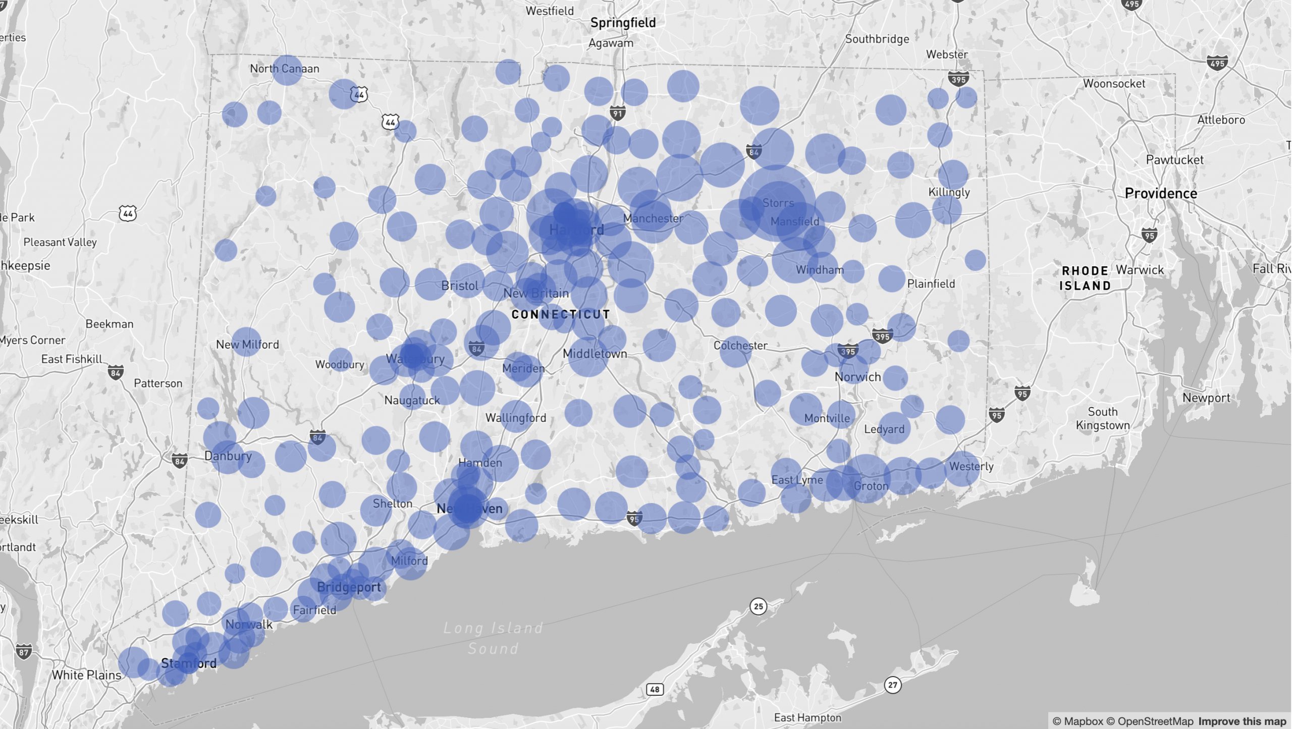 A map of Connecticut overlaid with blue dots of various sizes, corresponding to different towns